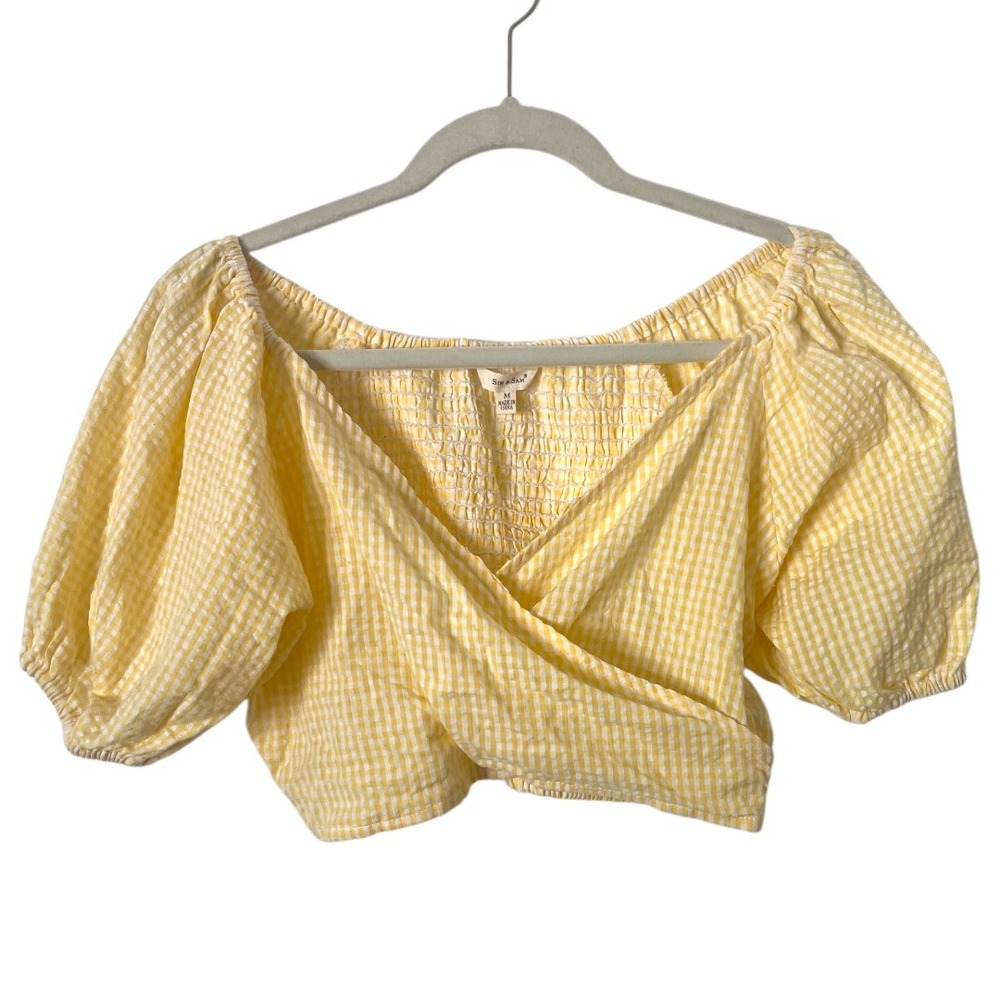 Anthropologie Sim & Sam Butter Yellow Gingham Puff Sleeve Crop Top M